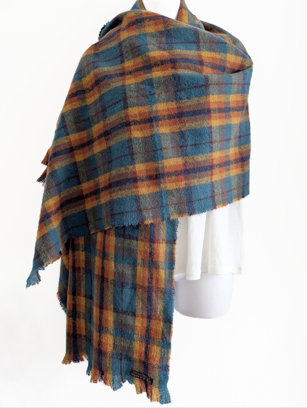 VINTAGE Wool Blanket Shawl Scarf Teal Burgandy Fringe Wrap 80"x24"